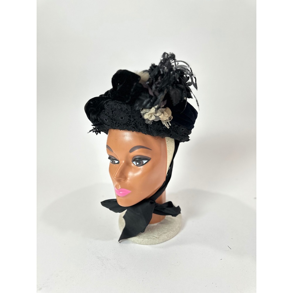 Antique 1800s Victorian Black Velvet Lace Mourning Bonnet Hat Feather Silk Tie